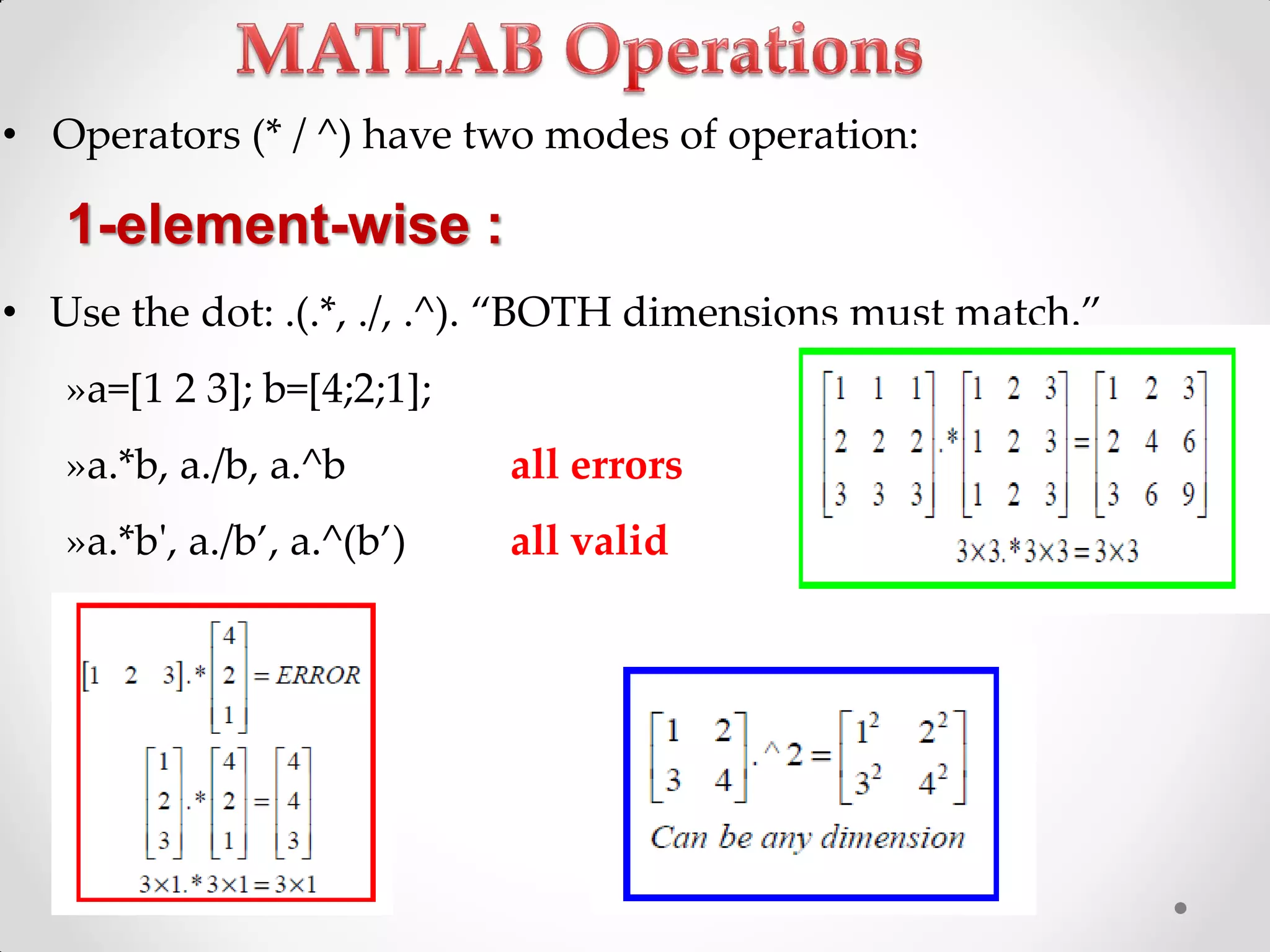 • Operators (* / ^) have two modes of operation:
1-element-wise :
• Use the dot: .(.*, ./, .^). ‚BOTH dimensions must match.‛
»a=[1 2 3]; b=[4;2;1];
»a.*b, a./b, a.^b all errors
»a.*b', a./b’, a.^(b’) all valid
 