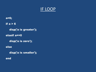 IF LOOP
a=6;
if a > 6
disp('a is greater');
elseif a==0
disp('a is zero');
else
disp('a is smaller');
end
 