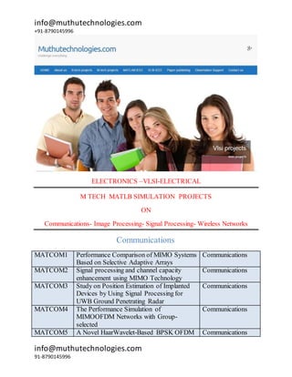 info@muthutechnologies.com
+91-8790145996
info@muthutechnologies.com
91-8790145996
ELECTRONICS –VLSI-ELECTRICAL
M TECH MATLB SIMULATION PROJECTS
ON
Communications- Image Processing- Signal Processing- Wireless Networks
Communications
MATCOM1 Performance Comparison of MIMO Systems
Based on Selective Adaptive Arrays
Communications
MATCOM2 Signal processing and channel capacity
enhancement using MIMO Technology
Communications
MATCOM3 Study on Position Estimation of Implanted
Devices by Using Signal Processing for
UWB Ground Penetrating Radar
Communications
MATCOM4 The Performance Simulation of
MIMOOFDM Networks with Group-
selected
Communications
MATCOM5 A Novel HaarWavelet-Based BPSK OFDM Communications
 