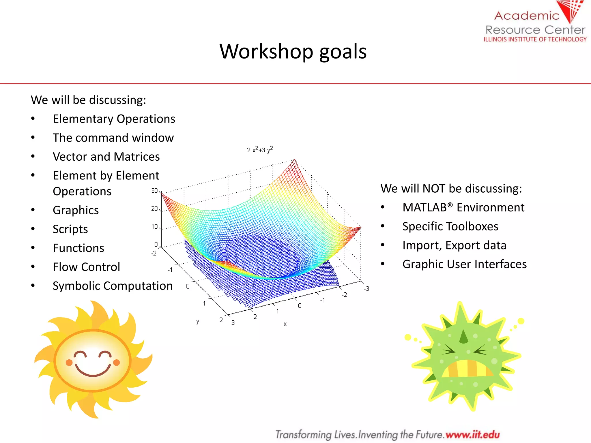 Workshop goals
We will be discussing:
• Elementary Operations
• The command window
• Vector and Matrices
• Element by Element
Operations
• Graphics
• Scripts
• Functions
• Flow Control
• Symbolic Computation
We will NOT be discussing:
• MATLAB® Environment
• Specific Toolboxes
• Import, Export data
• Graphic User Interfaces
 