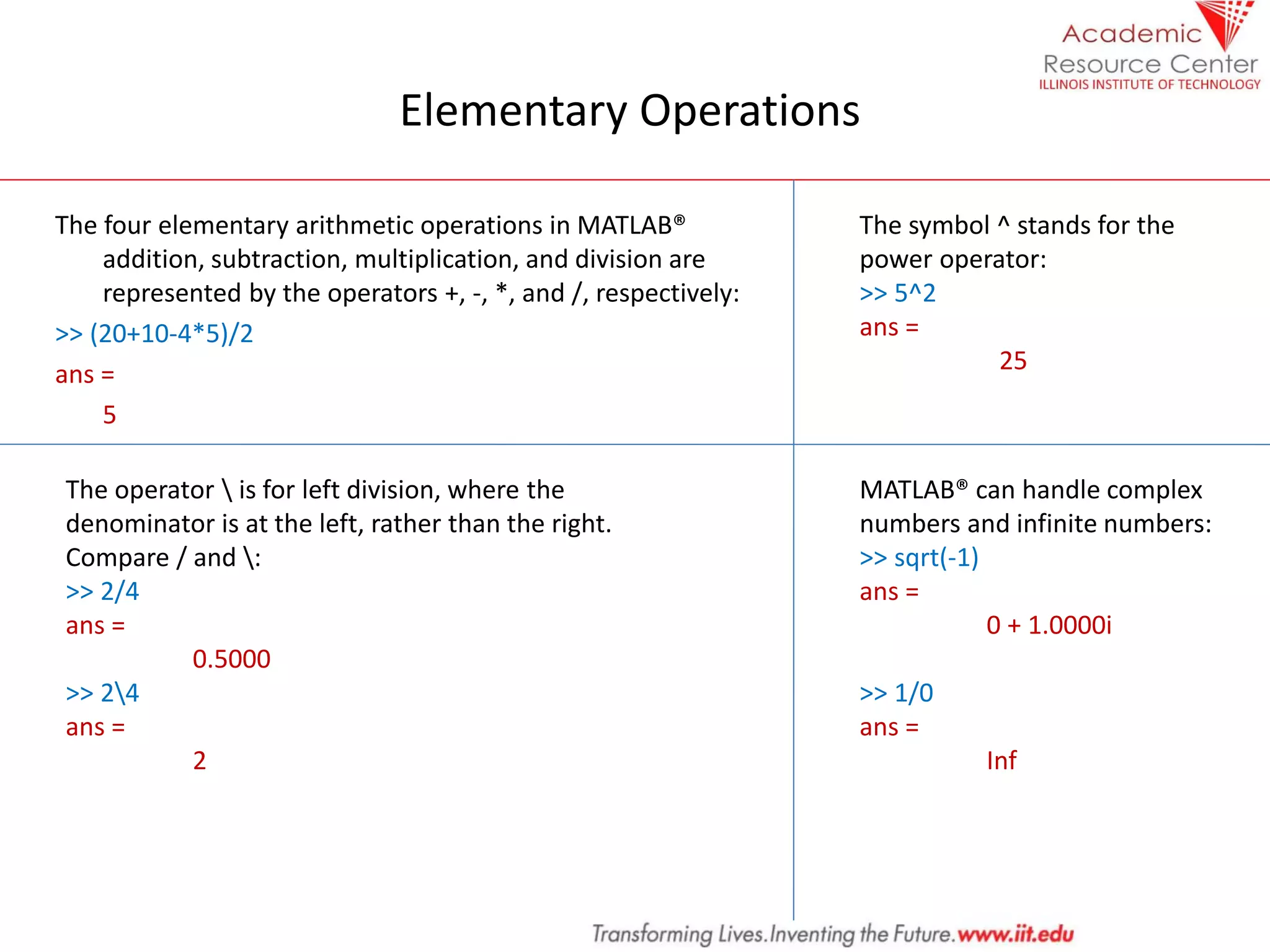 Elementary Operations
The four elementary arithmetic operations in MATLAB®
addition, subtraction, multiplication, and division are
represented by the operators +, -, *, and /, respectively:
>> (20+10-4*5)/2
ans =
5
The symbol ^ stands for the
power operator:
>> 5^2
ans =
25
The operator  is for left division, where the
denominator is at the left, rather than the right.
Compare / and :
>> 2/4
ans =
0.5000
>> 24
ans =
2
MATLAB® can handle complex
numbers and infinite numbers:
>> sqrt(-1)
ans =
0 + 1.0000i
>> 1/0
ans =
Inf
 