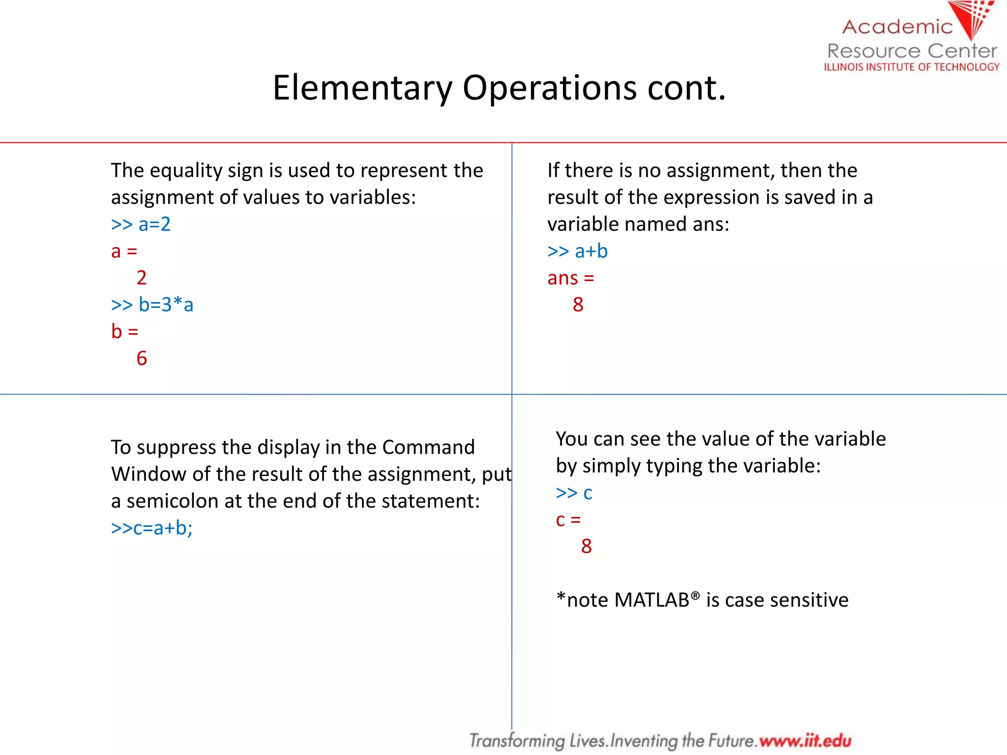 Elementary Operations cont.
The equality sign is used to represent the
assignment of values to variables:
>> a=2
a =
2
>> b=3*a
b =
6
If there is no assignment, then the
result of the expression is saved in a
variable named ans:
>> a+b
ans =
8
To suppress the display in the Command
Window of the result of the assignment, put
a semicolon at the end of the statement:
>>c=a+b;
You can see the value of the variable
by simply typing the variable:
>> c
c =
8
*note MATLAB® is case sensitive
 