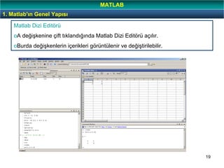 19
Matlab Dizi Editörü
oA değişkenine çift tıklandığında Matlab Dizi Editörü açılır.
oBurda değişkenlerin içerikleri görüntülenir ve değiştirilebilir.
1. Matlab'ın Genel Yapısı
MATLAB
 