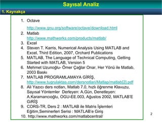 2
1. Kaynakça
Sayısal Analiz
1. Octave
http://www.gnu.org/software/octave/download.html
2. Matlab
http://www.mathworks.com/products/matlab/
3. Excel
4. Steven T. Karris, Numerical Analysis Using MATLAB and
Excel, Third Edition, 2007, Orchard Publications
5. MATLAB, The Language of Technical Computing, Getting
Started with MATLAB, Version 5
6. Mehmet Uzunoğlu- Ömer Çağlar Onar, Her Yönü ile Matlab,
2003 Baskı
7. MATLAB PROGRAMLAMAYA GİRİŞ,
http://www.tugrulaktas.com/dersnotlari/Matlap/matlab[2].pdf
8. Ali Yazıcı ders notları, Matlab 7.0, hızlı öğrenme Klavuzu,
Sayısal Yöntemler Derleyen: A.Gün, Denetleyen:
A.Karamancıoğlu, OGU-EE.003, Ağustos 2002, MATLAB’E
GiRİŞ
9. CORS-TR, Ders 2 : MATLAB ile Matris İşlemleri
Eğitim,Seminerleri Serisi : MATLAB’e Giriş
10. http://www.mathworks.com/matlabcentral/
 