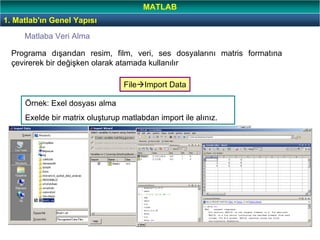 28
Matlaba Veri Alma
Programa dışarıdan resim, film, veri, ses dosyalarını matris formatına
çevirerek bir değişken olarak atamada kullanılır
File Import Data
Örnek: Exel dosyası alma
Exelde bir matrix oluşturup matlabdan import ile alınız.
1. Matlab'ın Genel Yapısı
MATLAB
 