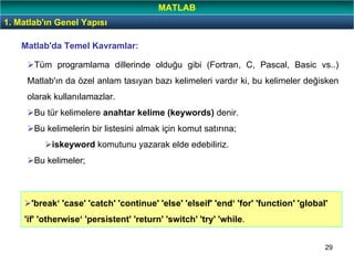 29
Matlab'da Temel Kavramlar:
Tüm programlama dillerinde olduğu gibi (Fortran, C, Pascal, Basic vs..)
Matlab'ın da özel anlam tasıyan bazı kelimeleri vardır ki, bu kelimeler değisken
olarak kullanılamazlar.
Bu tür kelimelere anahtar kelime (keywords) denir.
Bu kelimelerin bir listesini almak için komut satırına;
iskeyword komutunu yazarak elde edebiliriz.
Bu kelimeler;
'break‘ 'case' 'catch' 'continue' 'else' 'elseif' 'end‘ 'for' 'function' 'global'
'if' 'otherwise‘ 'persistent' 'return' 'switch' 'try' 'while.
1. Matlab'ın Genel Yapısı
MATLAB
 