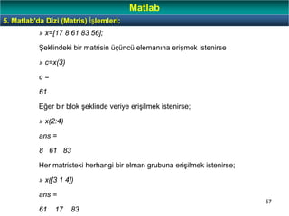 57
» x=[17 8 61 83 56];
Şeklindeki bir matrisin üçüncü elemanına erişmek istenirse
» c=x(3)
c =
61
Eğer bir blok şeklinde veriye erişilmek istenirse;
» x(2:4)
ans =
8 61 83
Her matristeki herhangi bir elman grubuna erişilmek istenirse;
» x([3 1 4])
ans =
61 17 83
5. Matlab'da Dizi (Matris) İşlemleri:
Matlab
 