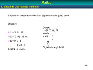 60
Sayılardan olusan satır ve sütun yapısına matris (dizi) denir.
Örneğin;
d1=[5] 1x1 lik,
d2=[ 2 -7] 1x2 lik,
d3= [1 0 -3 ]
[ 5 3 1 ]
2x3 lük bir dizidir.
Örnek:
x=[1; 7; 18; 5]
Ya da
» x=[ 1
7
18
5 ]
Biçimlerinde girilebilir.
5. Matlab'da Dizi (Matris) İşlemleri:
Matlab
 