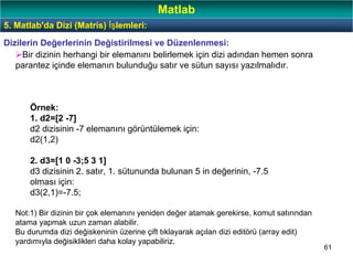 61
Dizilerin Değerlerinin Değistirilmesi ve Düzenlenmesi:
Bir dizinin herhangi bir elemanını belirlemek için dizi adından hemen sonra
parantez içinde elemanın bulunduğu satır ve sütun sayısı yazılmalıdır.
Örnek:
1. d2=[2 -7]
d2 dizisinin -7 elemanını görüntülemek için:
d2(1,2)
2. d3=[1 0 -3;5 3 1]
d3 dizisinin 2. satır, 1. sütununda bulunan 5 in değerinin, -7.5
olması için:
d3(2,1)=-7.5;
Not:1) Bir dizinin bir çok elemanını yeniden değer atamak gerekirse, komut satırından
atama yapmak uzun zaman alabilir.
Bu durumda dizi değiskeninin üzerine çift tıklayarak açılan dizi editörü (array edit)
yardımıyla değisiklikleri daha kolay yapabiliriz.
5. Matlab'da Dizi (Matris) İşlemleri:
Matlab
 