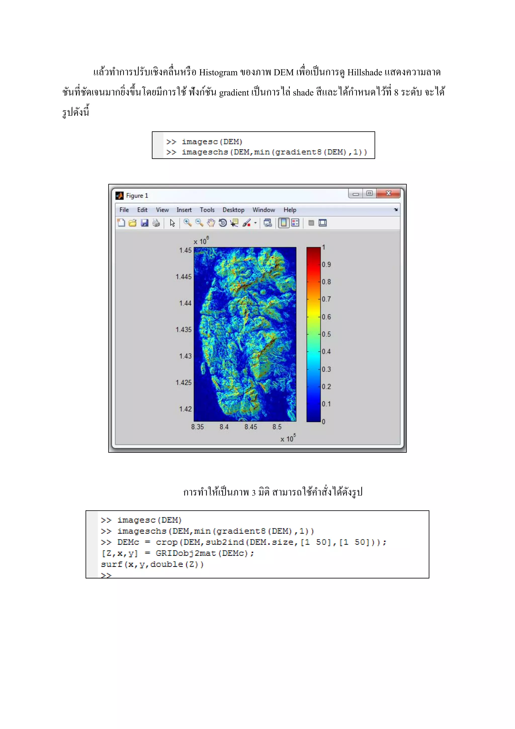 แล้วทาการปรับเชิงคลื่นหรือ Histogram ของภาพ DEM เพื่อเป็นการดู Hillshade แสดงความลาด
ชันที่ชัดเจนมากยิ่งขึ้นโดยมีการใช้ ฟังก์ชัน gradient เป็นการไล่ shade สีและได้กาหนดไว้ที่ 8 ระดับ จะได้
รูปดังนี้
การทาให้เป็นภาพ 3 มิติ สามารถใช้คาสั่งได้ดังรูป
 