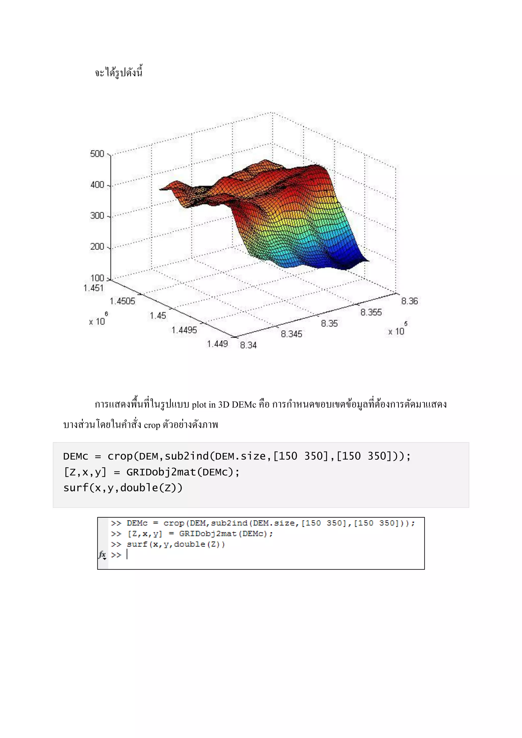 จะได้รูปดังนี้
การแสดงพื้นที่ในรูปแบบ plot in 3D DEMc คือ การกาหนดขอบเขตข้อมูลที่ต้องการตัดมาแสดง
บางส่วนโดยในคาสั่ง crop ตัวอย่างดังภาพ
DEMc = crop(DEM,sub2ind(DEM.size,[150 350],[150 350]));
[Z,x,y] = GRIDobj2mat(DEMc);
surf(x,y,double(Z))
 