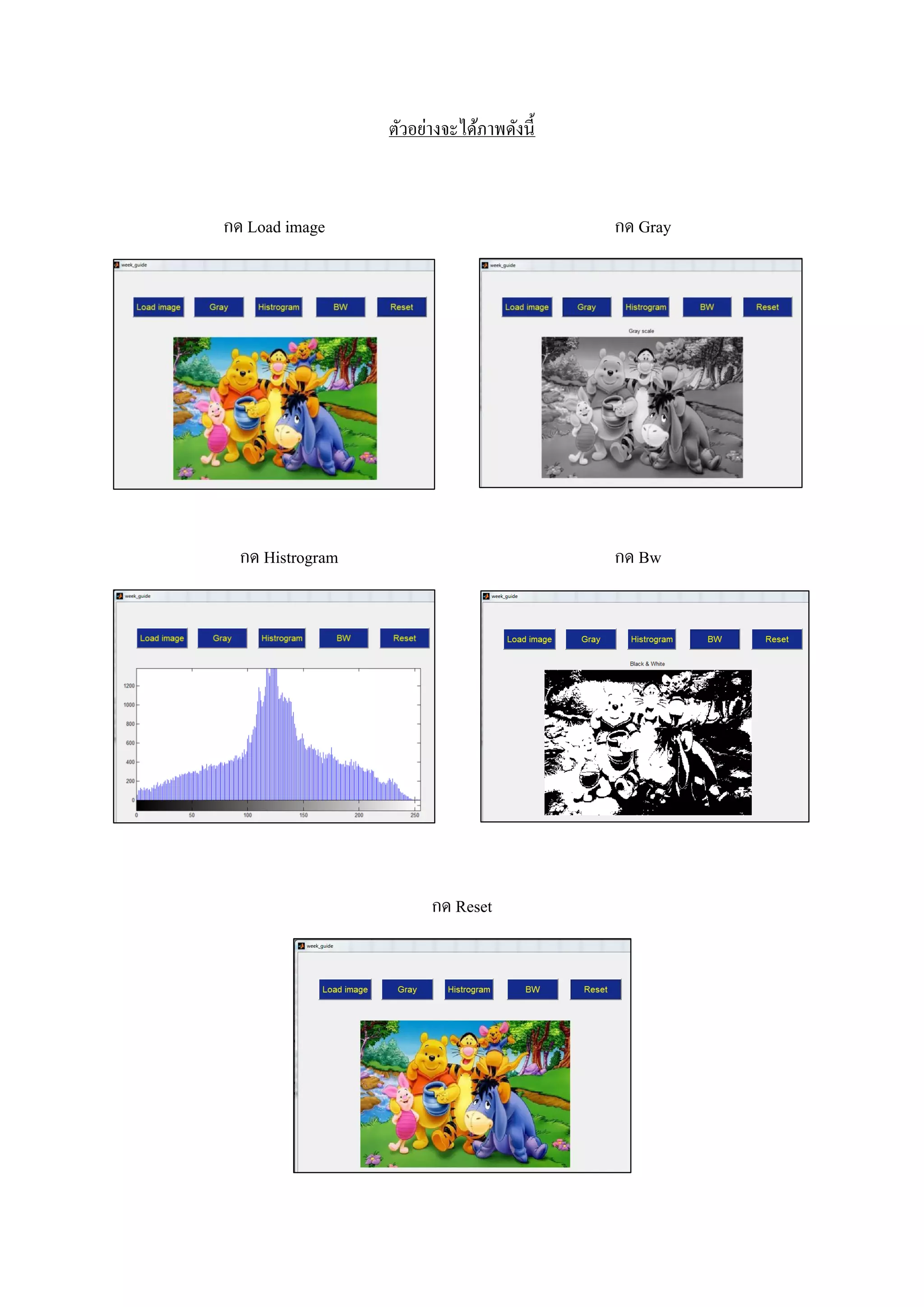 ตัวอย่างจะได้ภาพดังนี้
กด Load image กด Gray
กด Histrogram กด Bw
กด Reset
 