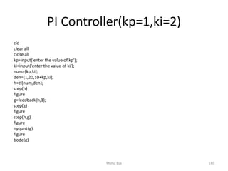 PI Controller(kp=1,ki=2)
clc
clear all
close all
kp=input('enter the value of kp');
ki=input('enter the value of ki');
num=[kp,ki];
den=[1,20,10+kp,ki];
h=tf(num,den);
step(h)
figure
g=feedback(h,1);
step(g)
figure
step(h,g)
figure
nyquist(g)
figure
bode(g)
140Mohd Esa
 