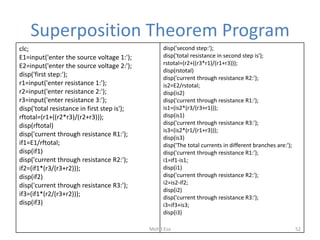 Superposition Theorem Program
clc;
E1=input('enter the source voltage 1:');
E2=input('enter the source voltage 2:');
disp('first step:');
r1=input('enter resistance 1:');
r2=input('enter resistance 2:');
r3=input('enter resistance 3:');
disp('total resistance in first step is');
rftotal=(r1+((r2*r3)/(r2+r3)));
disp(rftotal)
disp('current through resistance R1:');
if1=E1/rftotal;
disp(if1)
disp('current through resistance R2:');
if2=(if1*(r3/(r3+r2)));
disp(if2)
disp('current through resistance R3:');
if3=(if1*(r2/(r3+r2)));
disp(if3)
disp('second step:');
disp('total resistance in second step is');
rstotal=(r2+((r3*r1)/(r1+r3)));
disp(rstotal)
disp('current through resistance R2:');
is2=E2/rstotal;
disp(is2)
disp('current through resistance R1:');
is1=(is2*(r3/(r3+r1)));
disp(is1)
disp('current through resistance R3:');
is3=(is2*(r1/(r1+r3)));
disp(is3)
disp('The total currents in different branches are:');
disp('current through resistance R1:');
i1=if1-is1;
disp(i1)
disp('current through resistance R2:');
i2=is2-if2;
disp(i2)
disp('current through resistance R3:');
i3=if3+is3;
disp(i3)
52Mohd Esa
 