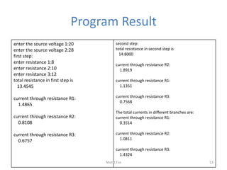 Program Result
enter the source voltage 1:20
enter the source voltage 2:28
first step:
enter resistance 1:8
enter resistance 2:10
enter resistance 3:12
total resistance in first step is
13.4545
current through resistance R1:
1.4865
current through resistance R2:
0.8108
current through resistance R3:
0.6757
second step:
total resistance in second step is
14.8000
current through resistance R2:
1.8919
current through resistance R1:
1.1351
current through resistance R3:
0.7568
The total currents in different branches are:
current through resistance R1:
0.3514
current through resistance R2:
1.0811
current through resistance R3:
1.4324
53Mohd Esa
 