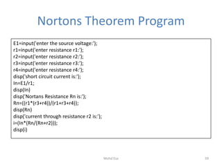 Nortons Theorem Program
E1=input('enter the source voltage:');
r1=input('enter resistance r1:');
r2=input('enter resistance r2:');
r3=input('enter resistance r3:');
r4=input('enter resistance r4:');
disp('short circuit current is:');
In=E1/r1;
disp(In)
disp('Nortans Resistance Rn is:');
Rn=((r1*(r3+r4))/(r1+r3+r4));
disp(Rn)
disp('current through resistance r2 is:');
i=(In*(Rn/(Rn+r2)));
disp(i)
59Mohd Esa
 
