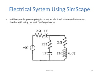 Electrical System Using SimScape
• In this example, you are going to model an electrical system and makes you
familiar with using the basic SimScape blocks.
96Mohd Esa
 