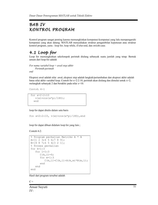 Dasar Dasar Pemrograman MATLAB untuk Teknik Elektro
BAB IV
KONTROL PROGRAM
Kontrol program sangat penting karena memungkinkan komputasi-komputasi yang lalu mempengaruhi
komputasi yang akan datang. MATLAB menyediakan struktur pengambilan keputusan atau struktur
kontrol program, yaitu : loop for, loop while, if-else-end, dan swicth-case.
4.1 Loop for
Loop for memungkinkan sekelompok perintah diulang sebanyak suatu jumlah yang tetap. Bentuk
umum dari loop for adalah
For nama variabel loop = awal:step:akhir
Perintah-perintah
end
Ekspresi awal adalah nilai awal, ekspresi step adalah langkah/pertambahan dan ekspresi akhir adalah
batas nilai akhir variabel loop. Contoh for x=2:2:10, perintah akan diulang dan dimulai untuk x=2,
melangkah sebanyak 2 dan berakhir pada nilai x=10.
Contoh 4-1
for x=2:2:10
v(x)=cos(x*pi/180);
end
loop for dapat ditulis dalam satu baris
for x=2:2:10, v(x)=cos(x*pi/180),end
loop for dapat dibuat didalam loop for yang lain ;
Contoh 4-2:
Hasil dari program tersebut adalah
C =
Ansar Suyuti
IV-
% Program perkalian Matriks A * B
A=[1 2 3;4 5 6;7 8 9];
B=[9 8 7;6 5 4;3 2 1];
% Proses perkalian
for k=1:3
for l=1:3
C(k,l)=0;
for m=1:3
C(k,l)=C(k,l)+A(k,m)*B(m,l);
end
end
end
51
 