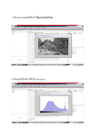 การเรียกดูภาพผลลัพธ์ใช้คาสั่ง figure,imshow
การเรียกดูรังสีเชิงคลื่น ใช้คาสั่ง imhis (gray)
 