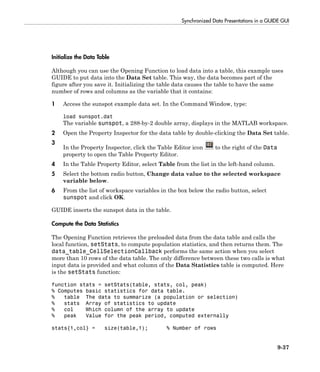 Synchronized Data Presentations in a GUIDE GUI
9-37
Initialize the Data Table
Although you can use the Opening Function to load data into a table, this example uses
GUIDE to put data into the Data Set table. This way, the data becomes part of the
figure after you save it. Initializing the table data causes the table to have the same
number of rows and columns as the variable that it contains:
1 Access the sunspot example data set. In the Command Window, type:
load sunspot.dat
The variable sunspot, a 288-by-2 double array, displays in the MATLAB workspace.
2 Open the Property Inspector for the data table by double-clicking the Data Set table.
3
In the Property Inspector, click the Table Editor icon to the right of the Data
property to open the Table Property Editor.
4 In the Table Property Editor, select Table from the list in the left-hand column.
5 Select the bottom radio button, Change data value to the selected workspace
variable below.
6 From the list of workspace variables in the box below the radio button, select
sunspot and click OK.
GUIDE inserts the sunspot data in the table.
Compute the Data Statistics
The Opening Function retrieves the preloaded data from the data table and calls the
local function, setStats, to compute population statistics, and then returns them. The
data_table_CellSelectionCallback performs the same action when you select
more than 10 rows of the data table. The only difference between these two calls is what
input data is provided and what column of the Data Statistics table is computed. Here
is the setStats function:
function stats = setStats(table, stats, col, peak)
% Computes basic statistics for data table.
% table The data to summarize (a population or selection)
% stats Array of statistics to update
% col Which column of the array to update
% peak Value for the peak period, computed externally
stats{1,col} = size(table,1); % Number of rows
 