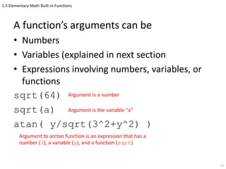 1.5 Elementary Math Built-in Functions
A function’s arguments can be
• Numbers
• Variables (explained in next section
• Expressions involving numbers, variables, or
functions
sqrt(64)
sqrt(a)
atan( y/sqrt(3^2+y^2) )
32
Argument is a number
Argument to arctan function is an expression that has a
number (3), a variable (y), and a function (sqrt)
Argument is the variable “a”
 
