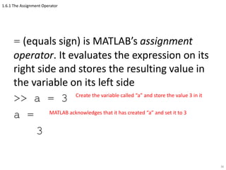 1.6.1 The Assignment Operator
= (equals sign) is MATLAB’s assignment
operator. It evaluates the expression on its
right side and stores the resulting value in
the variable on its left side
>> a = 3
a =
3
38
Create the variable called “a” and store the value 3 in it
MATLAB acknowledges that it has created “a” and set it to 3
 