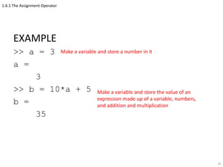 1.6.1 The Assignment Operator
EXAMPLE
>> a = 3
a =
3
>> b = 10*a + 5
b =
35
39
Make a variable and store a number in it
Make a variable and store the value of an
expression made up of a variable, numbers,
and addition and multiplication
 