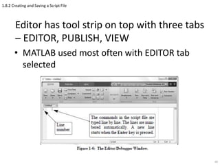1.8.2 Creating and Saving a Script File
Editor has tool strip on top with three tabs
– EDITOR, PUBLISH, VIEW
• MATLAB used most often with EDITOR tab
selected
60
 