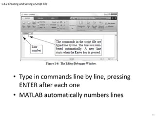 1.8.2 Creating and Saving a Script File
• Type in commands line by line, pressing
ENTER after each one
• MATLAB automatically numbers lines
61
 
