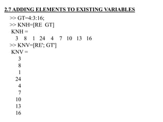 >> GT=4:3:16;
>> KNH=[RE GT]
KNH =
3 8 1 24 4 7 10 13 16
>> KNV=[RE'; GT']
KNV =
3
8
1
24
4
7
10
13
16
2.7 ADDING ELEMENTS TO EXISTING VARIABLES
 