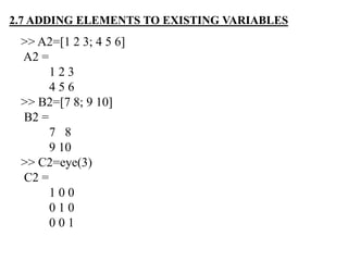 >> A2=[1 2 3; 4 5 6]
A2 =
1 2 3
4 5 6
>> B2=[7 8; 9 10]
B2 =
7 8
9 10
>> C2=eye(3)
C2 =
1 0 0
0 1 0
0 0 1
2.7 ADDING ELEMENTS TO EXISTING VARIABLES
 