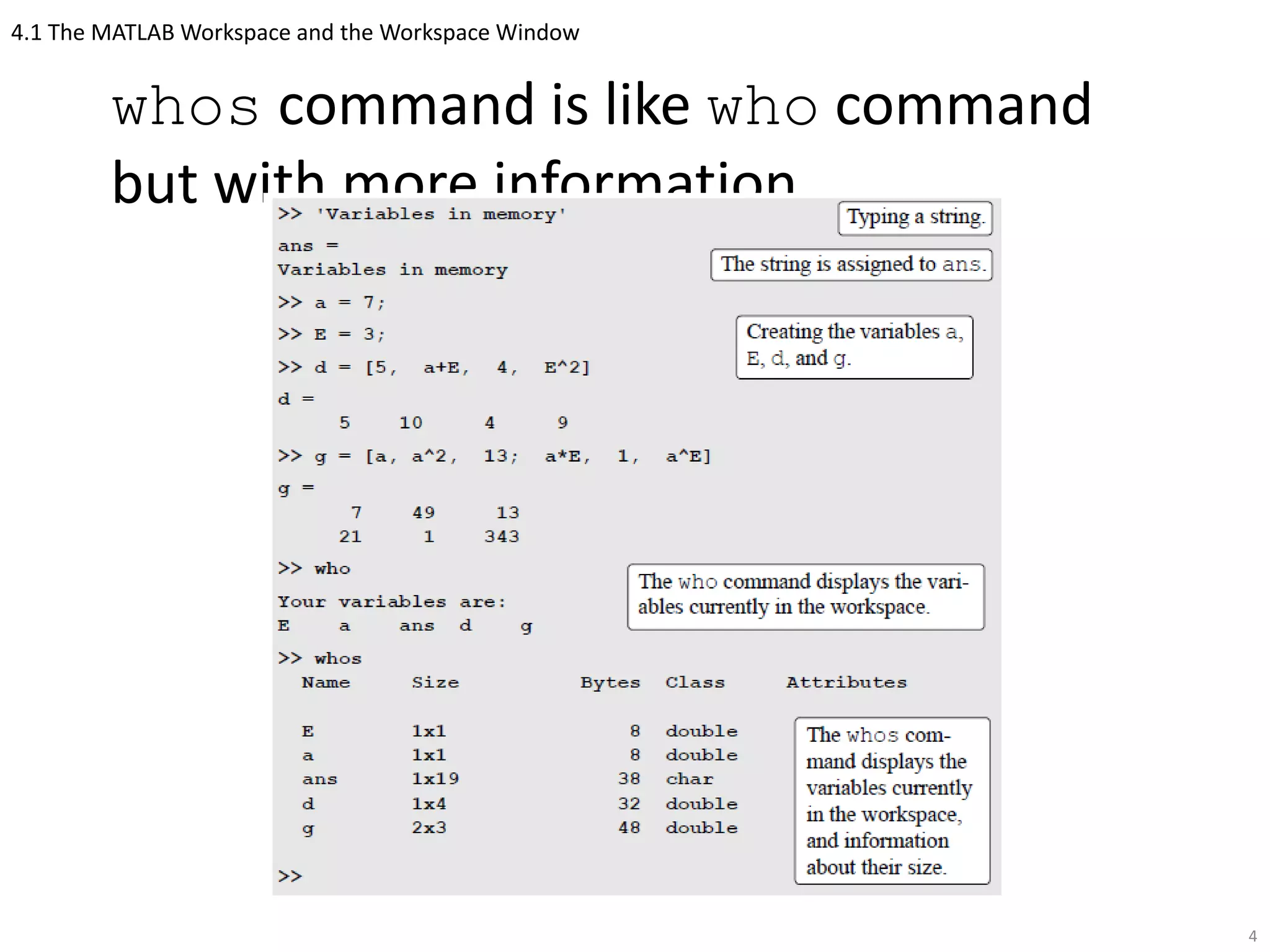 4.1 The MATLAB Workspace and the Workspace Window
whos command is like who command
but with more information
4
 