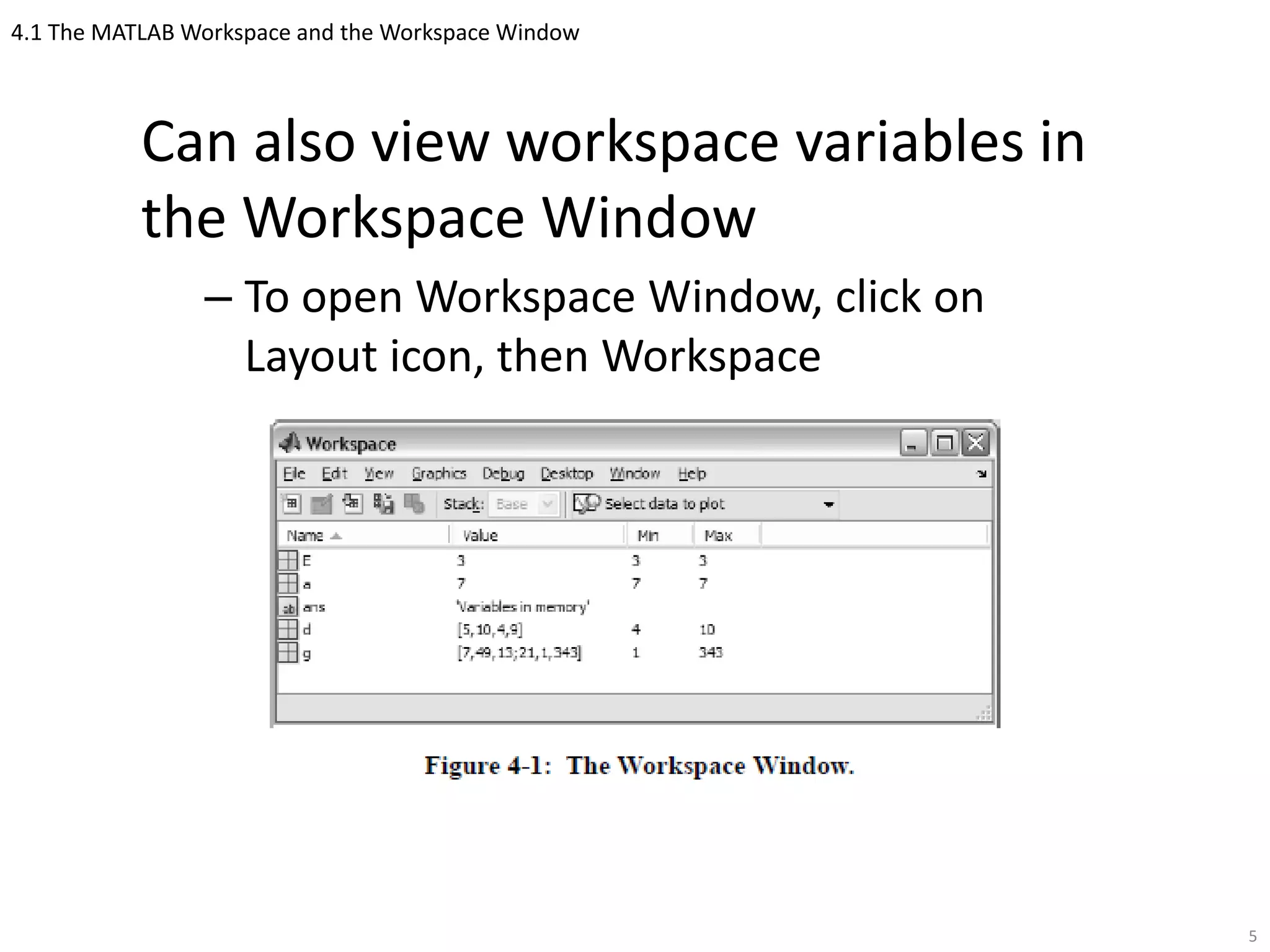 4.1 The MATLAB Workspace and the Workspace Window
Can also view workspace variables in
the Workspace Window
– To open Workspace Window, click on
Layout icon, then Workspace
5
 