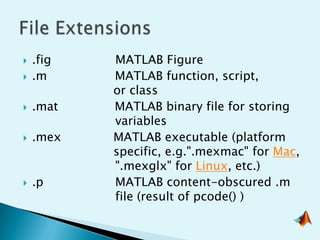    .fig   MATLAB Figure
   .m     MATLAB function, script,
           or class
   .mat   MATLAB binary file for storing
           variables
   .mex   MATLAB executable (platform
           specific, e.g.".mexmac" for Mac,
           ".mexglx" for Linux, etc.)
   .p     MATLAB content-obscured .m
           file (result of pcode() )
 