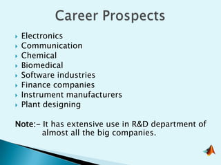    Electronics
   Communication
   Chemical
   Biomedical
   Software industries
   Finance companies
   Instrument manufacturers
   Plant designing

Note:- It has extensive use in R&D department of
       almost all the big companies.
 