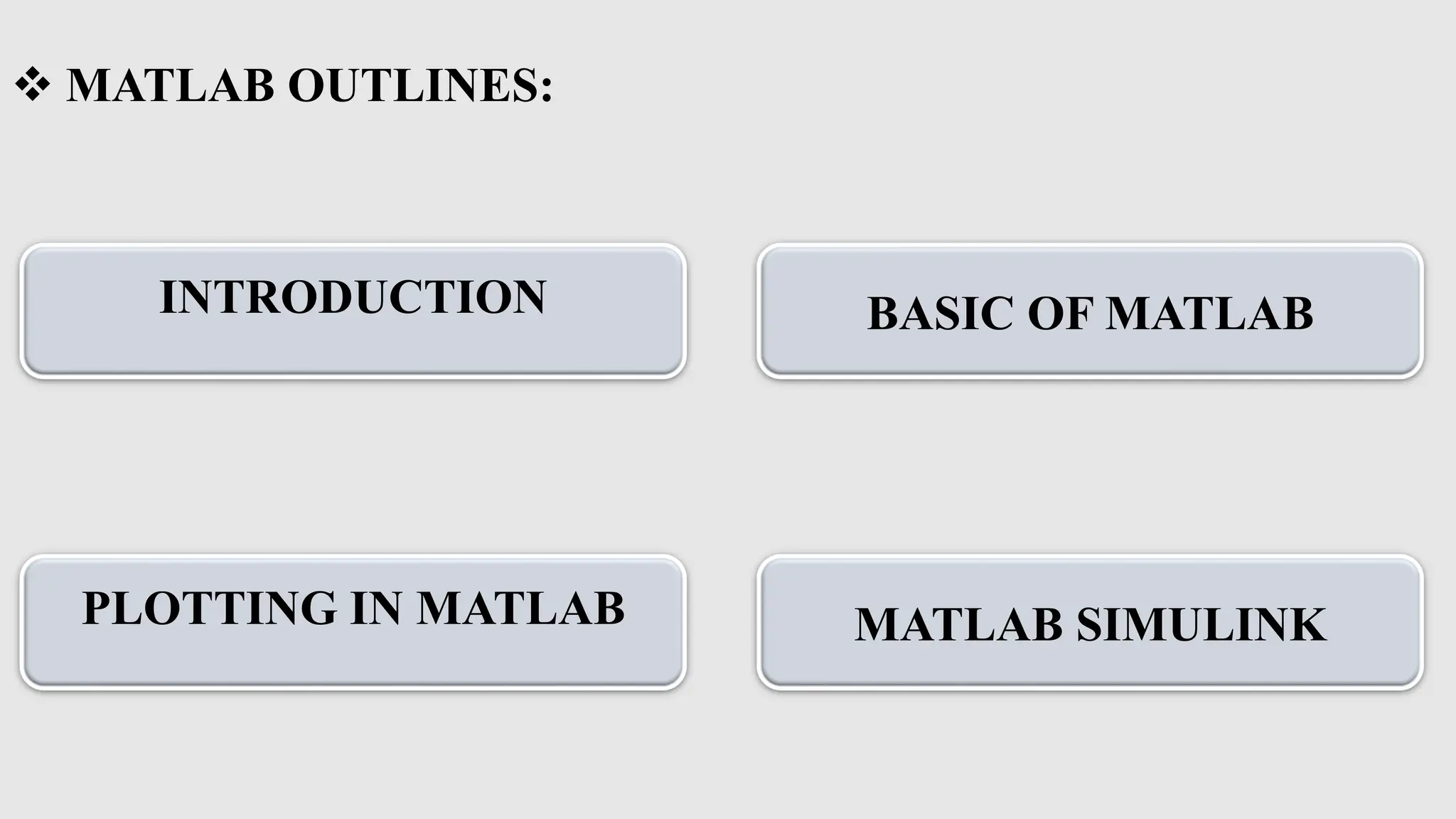  MATLAB OUTLINES:
INTRODUCTION BASIC OF MATLAB
PLOTTING IN MATLAB MATLAB SIMULINK
 