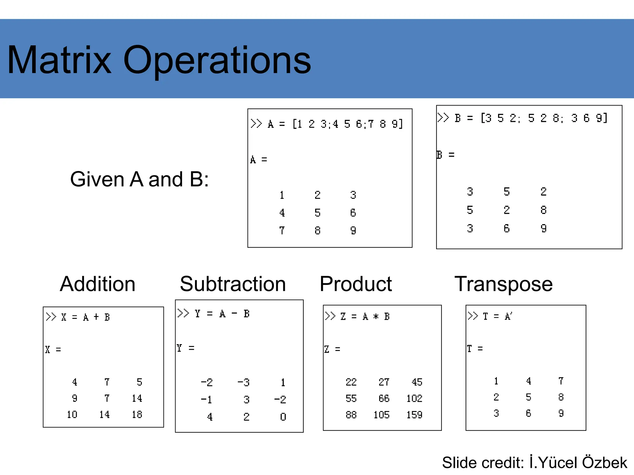 Given A and B:
Addition Subtraction Product Transpose
Slide credit: İ.Yücel Özbek
Matrix Operations
 