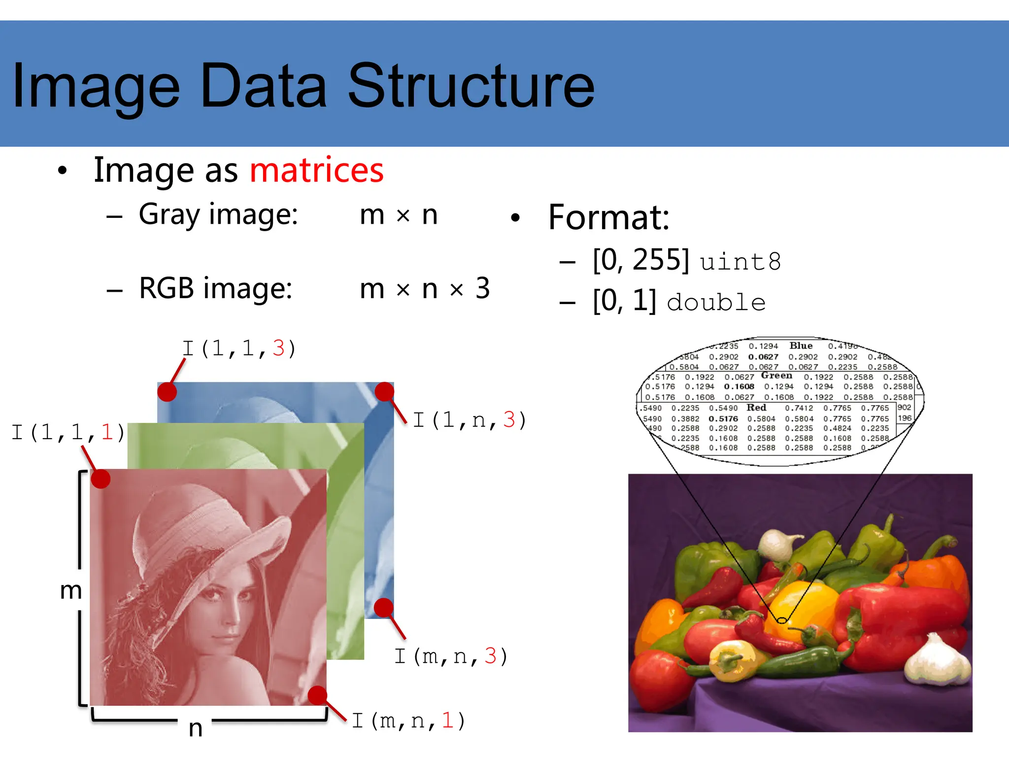 Image Data Structure
• Image as matrices
– Gray image: m × n
– RGB image: m × n × 3
• Format:
– [0, 255] uint8
– [0, 1] double
I(m,n,1)
I(1,1,1)
I(1,1,3)
I(m,n,3)
n
m
I(1,n,3)
 