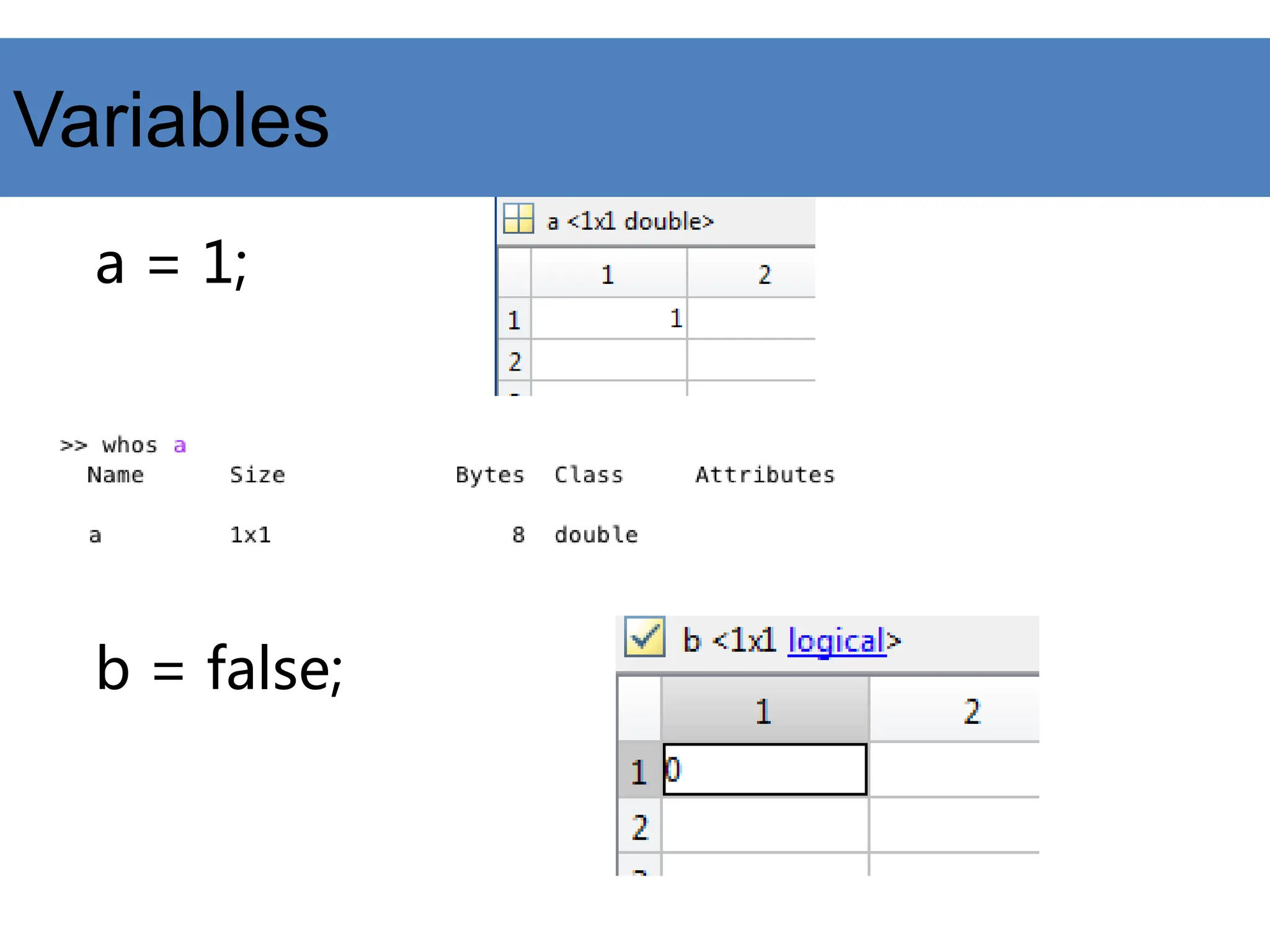 a = 1;
b = false;
Variables
 