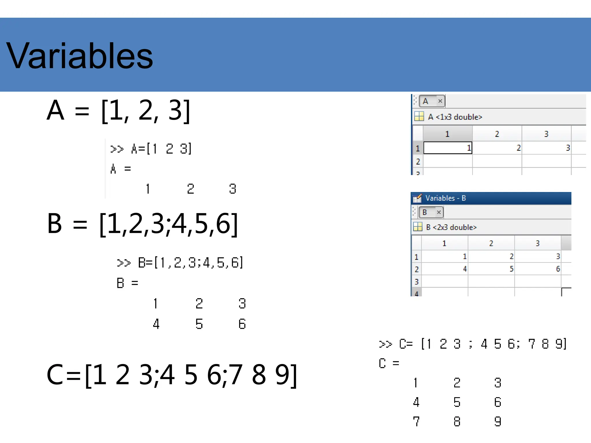 Variables
A = [1, 2, 3]
B = [1,2,3;4,5,6]
C=[1 2 3;4 5 6;7 8 9]
 
