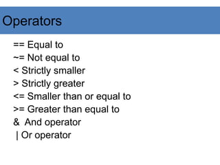 Operators
== Equal to
~= Not equal to
< Strictly smaller
> Strictly greater
<= Smaller than or equal to
>= Greater than equal to
& And operator
| Or operator
 
