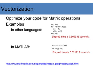 Vectorization
Optimize your code for Matrix operations
Examples
In other languages:
In MATLAB:
http://www.mathworks.com/help/matlab/matlab_prog/vectorization.html
tic; i = 0;
for t = 0:.001:1000
i = i + 1;
y(i) = sin(t);
end; toc;
tic; t = 0:.001:1000;
y = sin(t); toc;
Elapsed time is 0.509381 seconds.
Elapsed time is 0.011212 seconds.
 