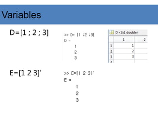 D=[1 ; 2 ; 3]
E=[1 2 3]’
Variables
 
