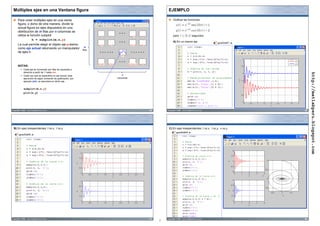Múltiples ejes en una Ventana figura                                                                                                EJEMPLO

       Para crear múltiples ejes en una venta                                                                                              Graficar las funciones
       figura, o dicho de otra manera, dividir la
       actual figura en ejes dispuestos en una
       distribución de m filas por n columnas se
       utiliza la función subplot                                        1          2                       n-1       n                    para                    segundos
                   h = subplot(m,n,p)
                                                                                                                                           A) En un mismo eje                       graf2d07.m
       La cual permite elegir el objeto eje p-ésimo                     n+1        n+2                   n+(n-1)      2n
                                                                m
       como eje actual retornando un manipulador              filas
       de ejes h.
                                                                                               p



                                                                      (m-1)n+1   (m-1)n+2              (m-1)n+(n-1)   mn
       NOTAS:
           ƒ Cada eje es numerado por filas de izquierda a
             derecha a partir de 1 hasta mn.




                                                                                                                                                                                                      http://matlabperu.blogspot.com
           ƒ Cada vez que se especifica un eje actual, toda                                     n
             ejecución de algún comando de graficación, por                                 columnas
             ejemplo plot, se ejecutará en dicho eje.


              subplot(m,n,p)
              plot(x,y)




Copyright © 2008 – ataurima@telefonica.net.pe                                                                              25       Copyright © 2008 – ataurima@telefonica.net.pe                26




 B) En ejes independientes: t vs.x, t vs.y                                                                                           C) En ejes independientes: t vs.x, t vs.y, x vs.y
                                                                                                                                               graf2d09.m
        graf2d08.m




Copyright © 2008 – ataurima@telefonica.net.pe                                                                              27       Copyright © 2008 – ataurima@telefonica.net.pe                28
                                                                                                                                7
 