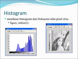 Histogram membuat histogram dari frekuensi nilai pixel citra figure, imhist(r); 