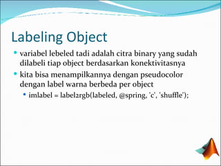 Labeling Object variabel lebeled tadi adalah citra binary yang sudah dilabeli tiap object berdasarkan konektivitasnya kita bisa menampilkannya dengan pseudocolor dengan label warna berbeda per object im label = label2rgb(labeled, @spring, 'c', 'shuffle'); 