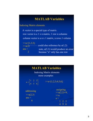 MATLAB Variables
Indexing Matrix elements

  A vector is a special type of matrix
  row vector is a 1 x n matrix, 1 row n columns
   column vector is a n x 1 matrix, n rows 1 column
   >>a=[1,2,3];
   >>a(2)         could also reference by a(1,2)
   ans =          note, a(2,1) would produce an error
        2         because “a” only has one row




           MATLAB Variables
              Indexing Matrix elements
                  more examples

        ⎡1 2 3⎤            >>a=[1,2,3;4,5,6];
      a=⎢     ⎥
        ⎣4 5 6⎦

                                      assigning
     addressing
                                     >>a(2,2)=9;
     >>a(2,3)                        >>a
     ans =                           a=
           6                             1 2 3
                                         4 9 6




                                                        5
 