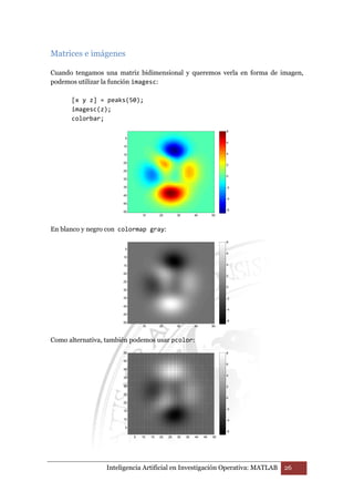 Matrices e imágenes 
Cuando tengamos una matriz bidimensional y queremos verla en forma de imagen, 
podemos utilizar la función imagesc: 
[x y z] = peaks(50); 
imagesc(z); 
colorbar; 
10 20 30 40 50 
5 
10 
15 
20 
25 
30 
35 
40 
45 
50 
En blanco y negro con colormap gray: 
10 20 30 40 50 
5 
10 
15 
20 
25 
30 
35 
40 
45 
50 
Como alternativa, también podemos usar pcolor: 
8 
6 
4 
2 
0 
-2 
-4 
-6 
8 
6 
4 
2 
0 
-2 
-4 
-6 
5 10 15 20 25 30 35 40 45 50 
50 
45 
40 
35 
30 
25 
20 
15 
10 
5 
8 
6 
4 
2 
0 
-2 
-4 
-6 
Inteligencia Artificial en Investigación Operativa: MATLAB 26 
 