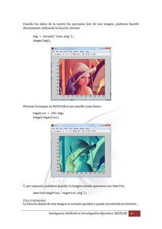 Cuando los datos de la matriz los queramos leer de una imagen, podemos hacerlo 
directamente utilizando la función imread: 
img = imread('lena.png'); 
image(img); 
Procesar la imagen en MATLAB es tan sencillo como hacer: 
negativo = 256-img; 
image(negativo); 
Y, por supuesto, podemos guardar la imagen cuando queramos con imwrite: 
imwrite(negativo,'negativo.png'); 
UNA CURIOSIDAD: 
La historia detrás de esta imagen es un tanto peculiar y puede encontrarla en Internet… 
Inteligencia Artificial en Investigación Operativa: MATLAB 27 
 