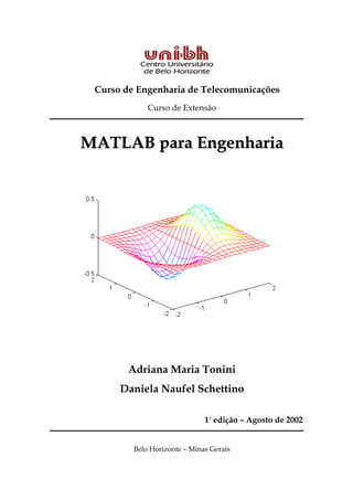 Curso de Engenharia de Telecomunicações
Curso de Extensão
MMAATTLLAABB ppaarraa EEnnggeennhhaarriiaa
Adriana Maria Tonini
Daniela Naufel Schettino
1ª edição – Agosto de 2002
Belo Horizonte – Minas Gerais
 